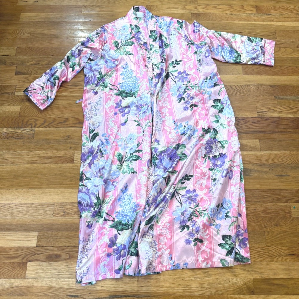 CW Classics Pink Floral Satin Long Robe Purple Blue Botanical Striped Housecoat